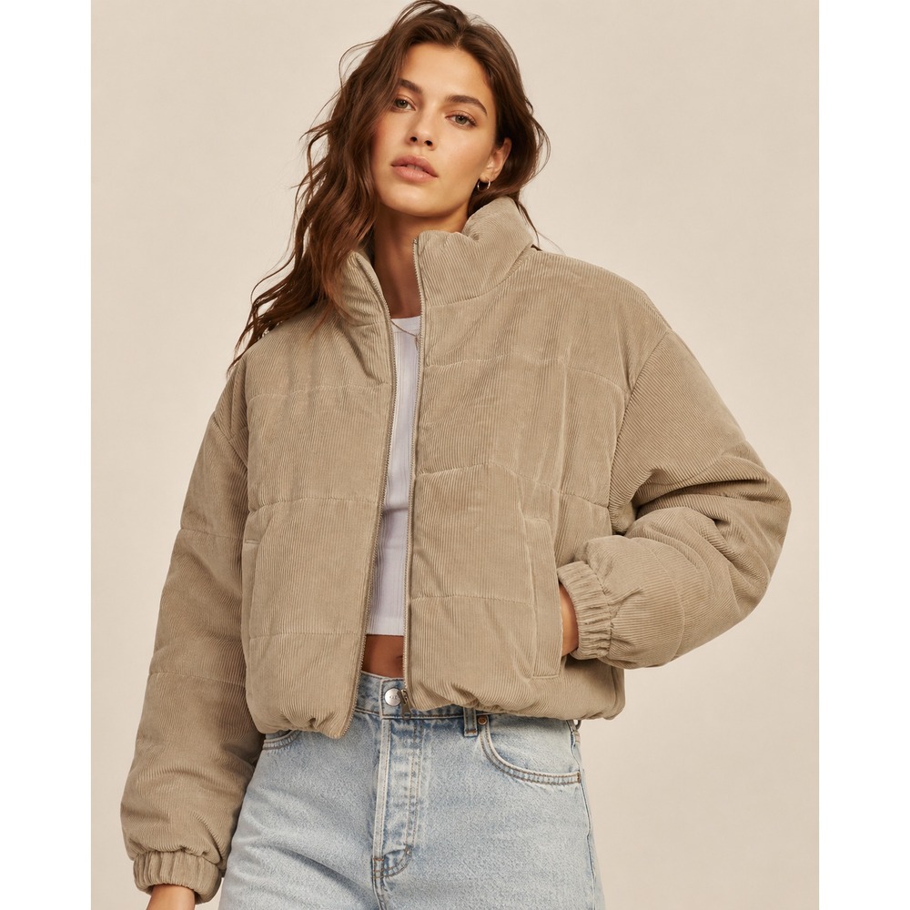Everlane Corduroy Puffer Jacket Women's Sz S Beige Boxy Street Utility SEE NOTE